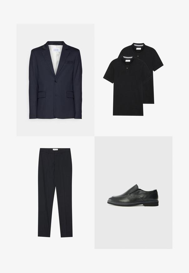Navy blazer made from textured fabric, featuring a single button closure, two front pockets, and a notched lapel design.; Two black polo shirts, short-sleeved, cotton material, featuring a classic collar, two-button placket, and white striped accents inside the collar.; Black tailored trousers with a flat front, regular fit, made of smooth fabric, featuring pressed pleats and side pockets.; Black leather slip-on shoe with a smooth upper, stitched accents, rounded toe, and a low rubber heel. Sole features minimal tread.
