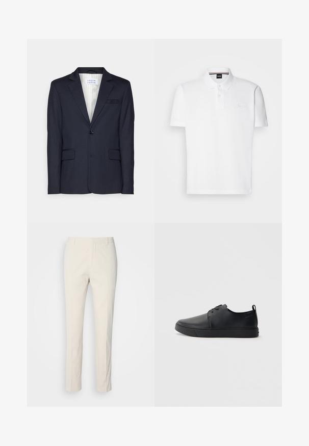 Blazer marine en tissu texturé, doté d'une fermeture à un bouton, de deux poches avant et d'un col à revers.; Polo shirt blanc en mélange de coton et polyester, doté d'un col, d'une patte de boutonnage à deux boutons et d'un logo brodé discret sur la poitrine.; Pantalons ajustés de couleur crème en tissu texturé. Présentent une coupe droite, des passants de ceinture et deux poches avant. Sans motifs.; Baskets en cuir noir avec une finition lisse, bout arrondi, coutures ton sur ton, devant à lacets et semelle plate en caoutchouc. Anse au talon.