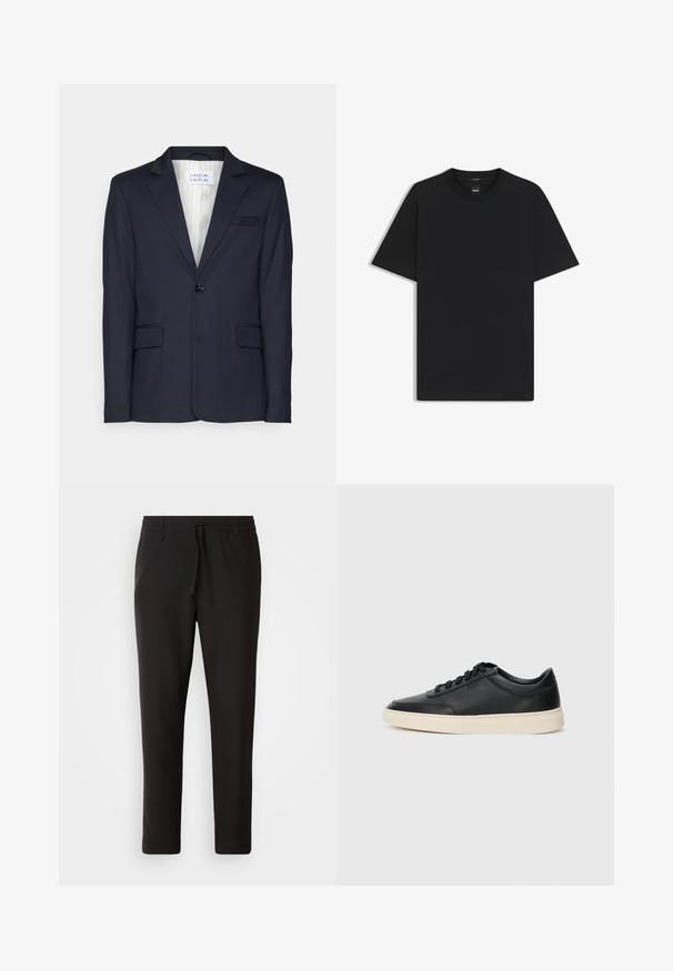 Marineblazer gemaakt van gestructureerde stof, met een enkele knoopsluiting, twee voorkruiszakken en een gelapte revers.; Zwarte korte mouwen T-shirt van een gladde katoenmix, met een ronde halslijn en een minimalistisch ontwerp zonder patronen of accenten.; Zwarte joggingsbroek van gladde stof. Kenmerkt zich door een elastische tailleband met een trekkoord, taps toelopende benen en geen zichtbare zakken. Eenvoudig ontwerp.; Zwarte leren sneaker met lage schacht, zwarte veters en off-white zool, weergegeven in zijprofiel op een witte achtergrond.