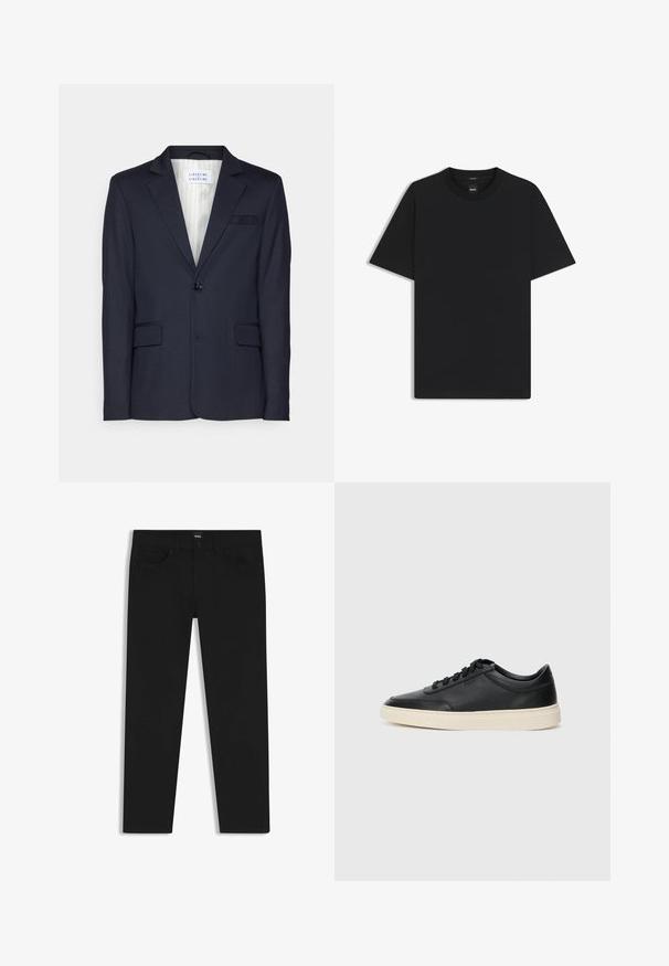 Navy blazer made from textured fabric, featuring a single button closure, two front pockets, and a notched lapel design.; Black short-sleeve T-shirt made from a smooth cotton blend, featuring a crew neckline and a minimalistic design with no patterns or accents.; Black denim trousers with a straight cut, featuring a standard waistband, five pockets, and a button closure. Smooth texture throughout.; Black low-top leather sneaker with black laces and off-white sole shown in side profile on white background.