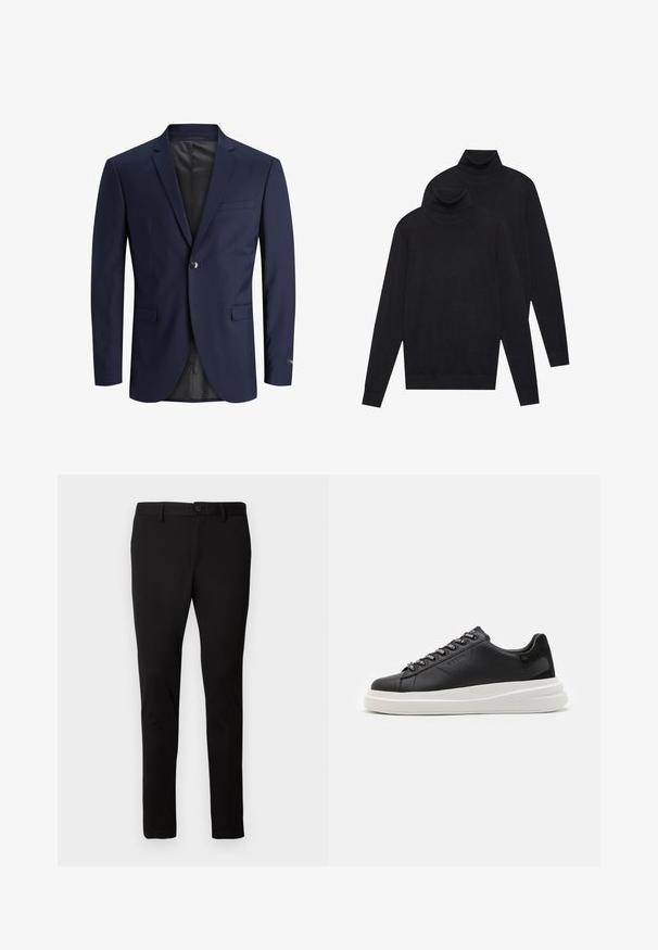 Morske modra sako izdelana iz gladkega blaga, z dvema gumboma za zapiranje, srajčnimi reverji, žepom na prsih in dvema sprednjima žepoma z ovratnikom.; Dva črna dolgi rokavi puloverja s turtleneck ovratnikom, enostavna pletenina, zložen eden nekoliko za drugim na belem ozadju.; Črne slim-fit hlače z zankami za pas, sprednjim gumbom in zadrgo, prikazane na enotni svetli ozadju.; Črne usnjene teniske z belim gumijastim podplatom, ki imajo ravne vezalke in blagovno znamko na ošitih luknjah. Mehka tekstura s kontrastnim stranskim poudarkom.