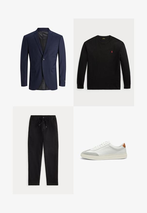 Blazer blu navy in tessuto liscio, con chiusura a due bottoni, revers a punta, taschino sul petto e due tasche con patta frontali.; T-shirt nero a maniche lunghe in cotone. Presenta un collo tondo, polsini a coste e un piccolo logo rosso ricamato sul petto. Texture liscia.; Pantaloni casual neri con vita elastica, laccio regolabile, bottone frontale e tasche laterali, esposti su uno sfondo neutro.; Sneakers bianchi in pelle con accenti in suede grigio e un tallone in pelle beige. Presentano una superficie testurizzata e una suola leggera.