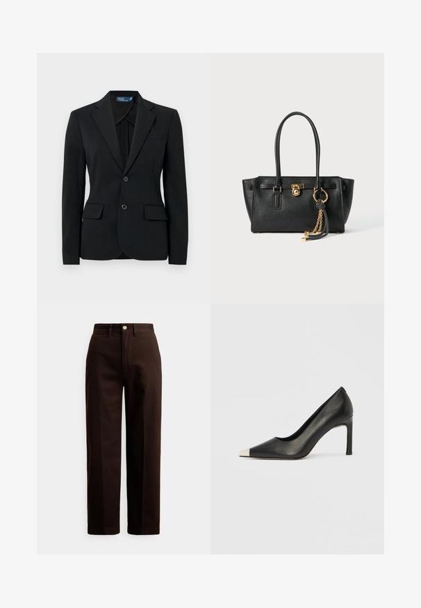 Čierne blejzr na mieru z textúrovaného materiálu s výrezovým golierom, dvoma prednými vreckami a zapínaním na dva gombíky. Čisté línie a klasický dizajn.; Sveter s vysokým golierom v svetlej béžovej farbe, vyrobený z hladkej, jemnej pleteniny. Má dlhé rukávy a priliehavý strih so žebrovaným lemom.; Tmavohnedé nohavice so širokými nohavicami, zapínaním na gombík a zips, pútkami na opasok a prednými vreckami na bielom pozadí.; Čierna kožená lodička s vysokým opätkom, špičkou a kovovou striebornou špičkou. Má hladký povrch a štíhly 10 cm opätok.; Čierna kožená kabelka s dvojitými uchami, zlatým zámkom a reťazovým detailom, a čierno-bielym strapcom na bielom pozadí.