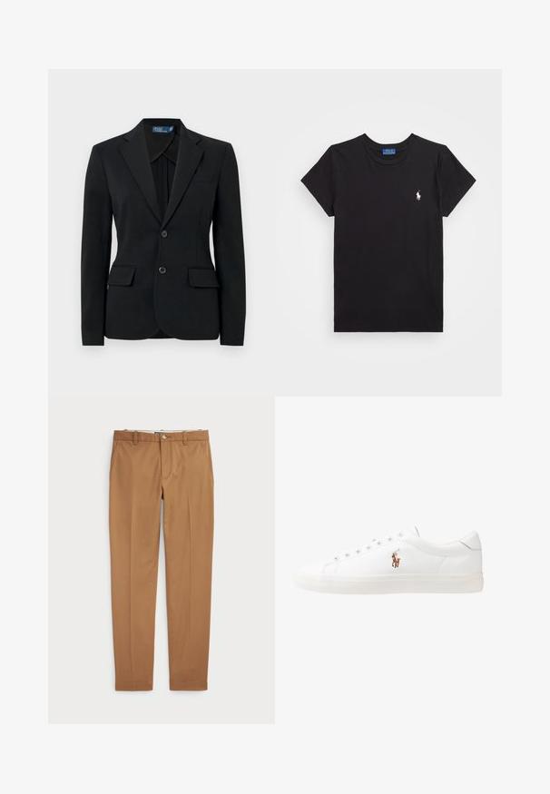 Blazer preto feito à medida em tecido texturizado, com gola de lapela, dois bolsos frontais e fecho de dois botões. Linhas limpas e design clássico.; T-shirt de algodão preto com decote redondo, mangas curtas e um logótipo bordado branco no lado esquerdo do peito. Textura suave, design casual.; Calças de algodão castanhas com um design slim-fit, frente lisa e bolsos standard; textura suave e bainhas com acabamento.; Sapatilhas de couro brancas, design de cano baixo, com textura suave, biqueira redonda, atacadores à frente e um pequeno logótipo bordado na lateral.