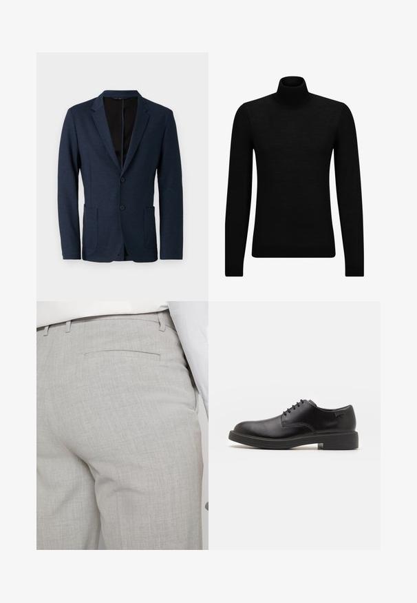 Námornícky modrý blazer z textúrovaného materiálu, s klopovým golierom, dvoma gombíkmi a dvomi prednými vreckami. Otvorený vpredu.; Čierny rolák vyrobený z jemného materiálu, s dlhými rukávmi a tesným strihom. Hranatý lem a manžety s ribbed úpravou. Jednoduchý dizajn.; Svetlosivé nohavice na mieru vyrobené zo štruktúrovanej látky, s jedným zadným vreckom a čistým prešívaním.; Čierne kožené šnurovacie topánky s okrúhlou špičkou, hladkým povrchom, minimálnym prešívaním a nízkym gumovým podpätkom. Logo na podpätku.