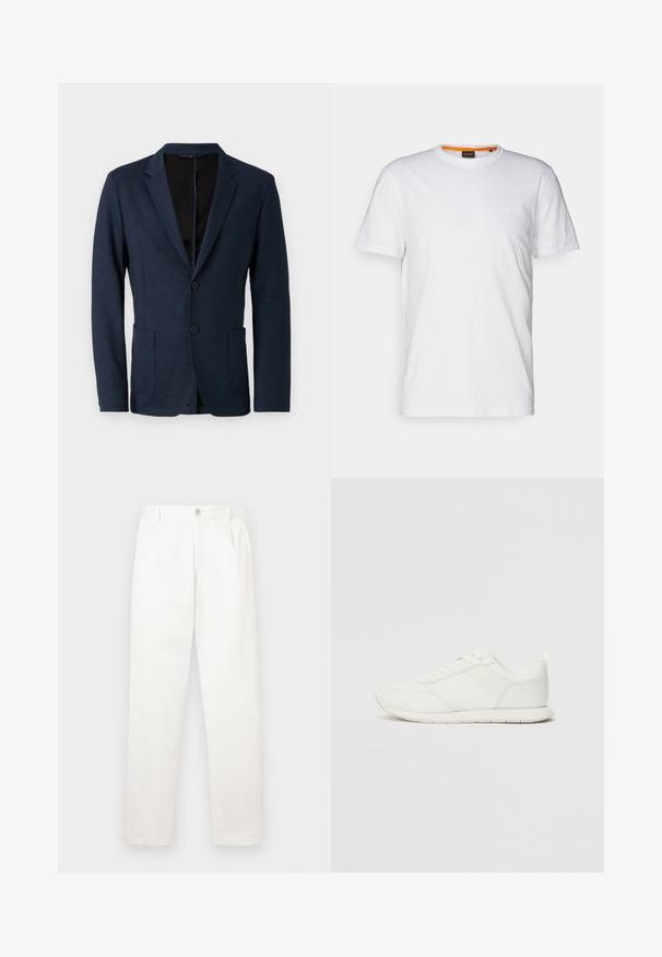 Marineblauwe blazer van textuurstof, met een gelapte kraag, twee knopen en twee voorzakken. Open aan de voorkant.; Witte katoenen T-shirt met ronde hals, korte mouwen en een subtiel reliëflogo op de borst. Het binnenlabel heeft een oranje accent.; Witte broeken gemaakt van een gladde stof, met een recht model, voorplooien en een enkele knoopsluiting bij de taille.; Witte sneaker met een bovenwerk van mesh en synthetisch materiaal, ronde neus, platte veters en een getextureerde zijstrip. Rubberen zool met een lusje aan de achterkant.