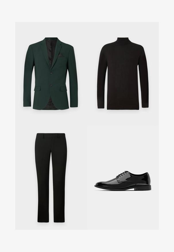 Dunkelgrüner Blazer mit zwei Knöpfen, Reverskragen und einer einzigen Brusttasche. Das Innenfutter ist schwarz. Glatte Stofftextur.; Schwarzer Rollkragenpullover aus weichem Strickmaterial. Mit langen Ärmeln und einer taillierten Passform, einem gerippten Kragen und Saum. Minimale Branding.; Schwarze Hosen mit taillierter Passform, die eine glatte Textur und einen geraden Beinanschnitt aufweisen. Der Bund hat Gürtelschlaufen und eine saubere Verarbeitung.; Schwarze Lackleder-Schuh mit abgerundetem Zeh, Schnürdesign und glatter, glänzender Oberfläche. Verfügt über eine flache Gummisohle.