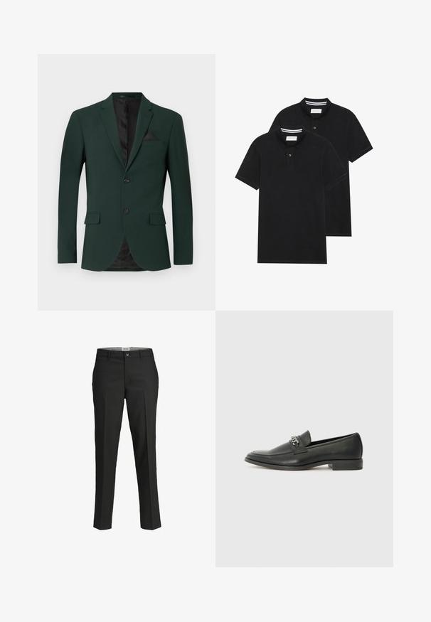 Blazer verde scuro con due bottoni, rever a punta e una tasca sul petto. L'interno presenta una fodera nera. Tessuto dalla consistenza liscia.; Due magliette polo nere, con maniche corte, in cotone, con colletto classico, pattina a due bottoni e dettagli a righe bianche all'interno del colletto.; Pantaloni neri, vestibilità sartoriale, tessuto liscio, vita media, chiusura con bottone frontale, tasche diagonali e dettagli di piega lungo le gambe.; Mocassino in pelle nera con finitura liscia, caratterizzato da un design cucito e da un accento decorativo in catena metallica sul vamp. Tacco piatto.