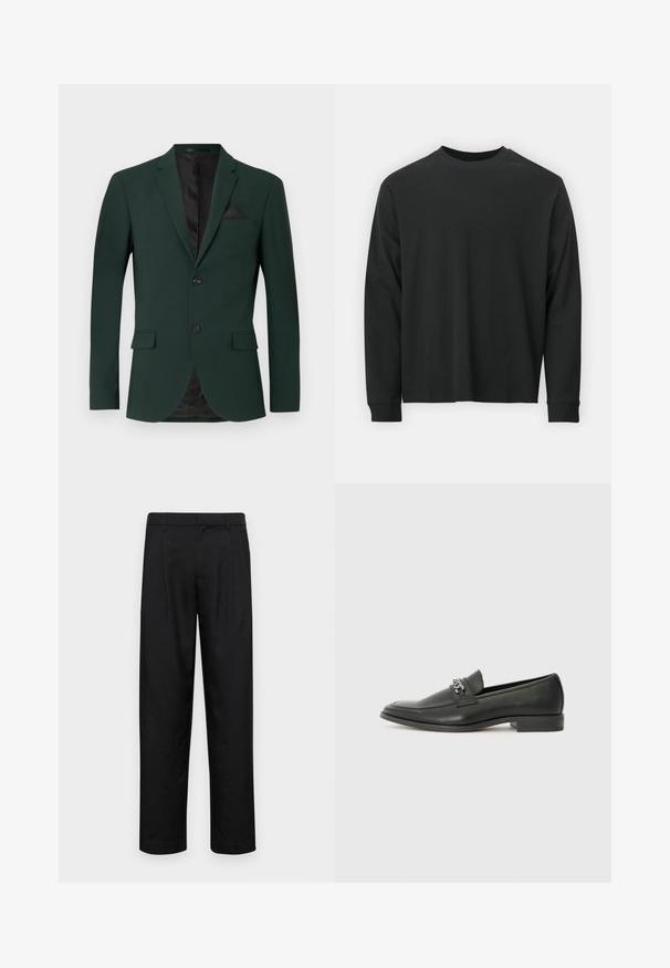 Sötétzöld blézer két gombbal, kivágott hajtókákkal és egyetlen mellzsebbel. A belső rész fekete béléssel rendelkezik. Simaság jellemzi a szövet textúráját.; Fekete, hosszú ujjú póló, 100% pamutból készült, kerek nyakkivágással, bő szabású, bordázott mandzsettákkal. Simaság jellemzi, látható mintázat nélkül.; Fekete nadrág sima anyagból, egyenes szárú fazonnal, két elülső redővel és közönséges derékkal, övhurkokkal.; Fekete bőr loaferek sima felülettel, varrott mintával és díszítő fém lánccal a cipő elején. Lapos sarok.