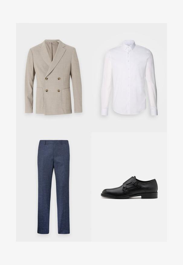 Bežinis dvigubo užsegimo švarkas su tekstūruotu dryžuotu raštu, įpjautais atlapais ir dviem priekinėmis kišenėmis. Pabrėžia apvalūs žalvariniai mygtukai.; Baltas ilgas rankoves mygtukinis marškinys, pagamintas iš medvilnės, su klasikinio tipo apykakle, priekyje esančiais mygtukais ir minimaliais siuvinėjimo detalėmis.; Tamsiai mėlynos kelnės, pagamintos iš tekstūruoto audinio, su tiesiomis kojomis, lygia priekiu ir dviem šoninėmis kišenėmis. Nėra matomų raštų ar akcentų.; Juodas odinis vakariniu batų modelis su dviem sagtimis, elegantiška siluetas ir apvaliu nosiu. Yra žemas kulnas ir glotni tekstūra.