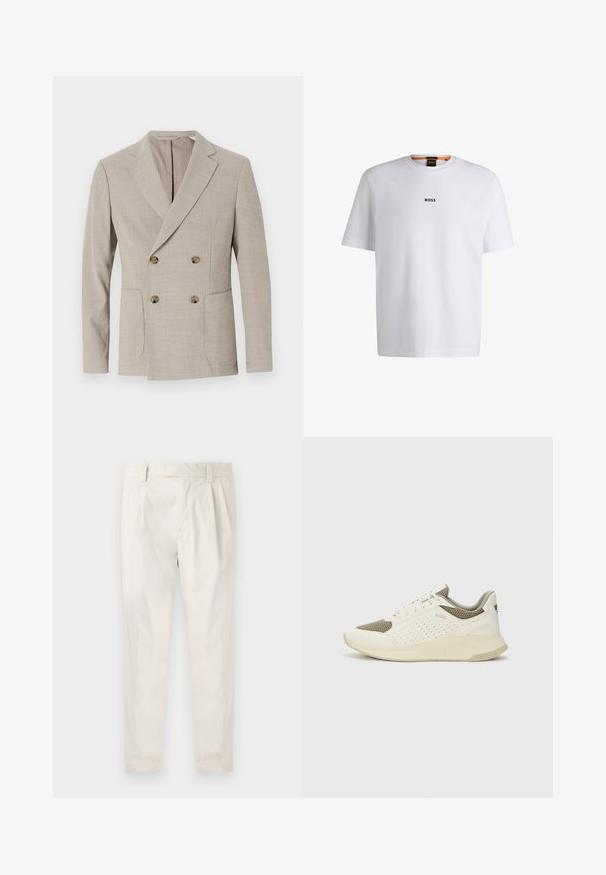 Blazer bege de dois botões com padrão de riscas texturizadas, lapelas recortadas e dois bolsos frontais. Apresenta botões redondos em latão.; T-shirt de algodão branca com mangas curtas, apresentando um logo preto "BOSS" centrado no peito e um design de gola redonda.; Calças brancas pregueadas com um corte ajustado, apresentando uma textura suave, passantes de cinto e pernas afuniladas. Sem bolsos visíveis ou padrões.; Sapatilha atlética branca e bege claro, com parte superior em malha, detalhes perfurados e uma entressola texturizada com marcação no calcanhar.