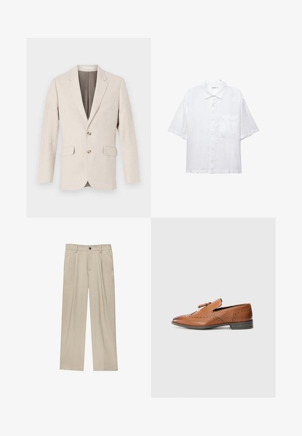 Lyse beige linned blazer med en notch-lapel, to frontlommer og to knapper. Indersiden har et kontrastfyldt brunt foer. Glat tekstur.; Hvid kortærmet skjorte med knaplukning foran, krave og en enkelt brystlomme. Fremstillet af letvægtsstof med en glat overflade.; Beige bukser med lige snit, der har en enkelt sort knap, bæltestropper og sidelommer. Glat stoftekstur og minimalistisk design.; Brun lædersko med perforerede detaljer, strukturerede sider, flad sål og en dekorativ sløjfe på overdelen. Klassisk design med en glat finish.