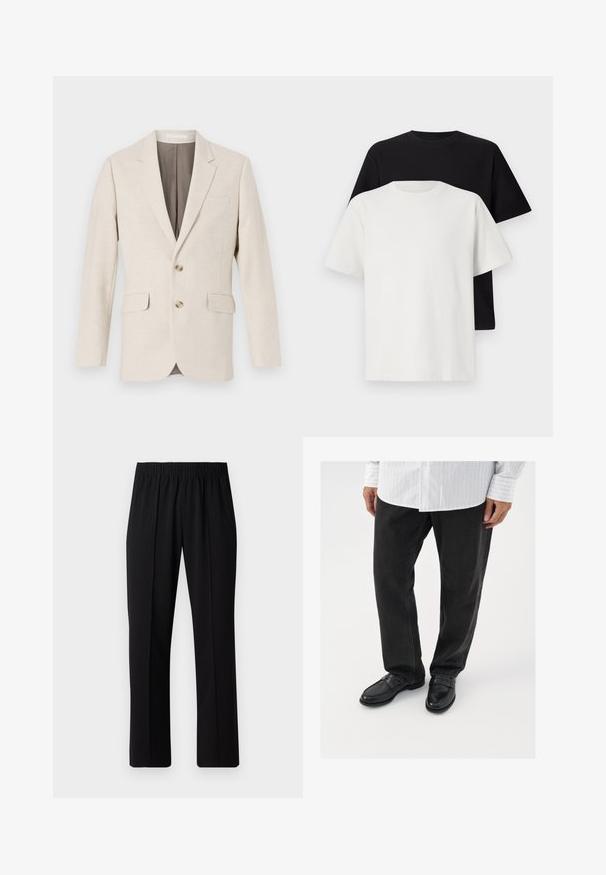 Helles beiges Leinenblazer mit Notch-Revers, zwei vorderen Taschen und zwei Knöpfen. Innen mit einem kontrastierenden braunen Futter. Glatte Textur.; Baumwoll-T-Shirt-Set bestehend aus einem schwarzen Oberteil und einem weißen Oberteil, beide mit kurzen Ärmeln, Rundhalsausschnitt und normaler Passform. Texturiert.; Schwarze, Gummibund-Hosen mit geradem Schnitt, die eine glatte Textur aufweisen und keine sichtbaren Muster oder Beschläge haben.; Schwarze Jeans kombiniert mit glänzenden schwarzen Slippern. Das Hemd ist weiß mit dünnen vertikalen Streifen, hat lange Ärmel und einen geknöpften Kragen.