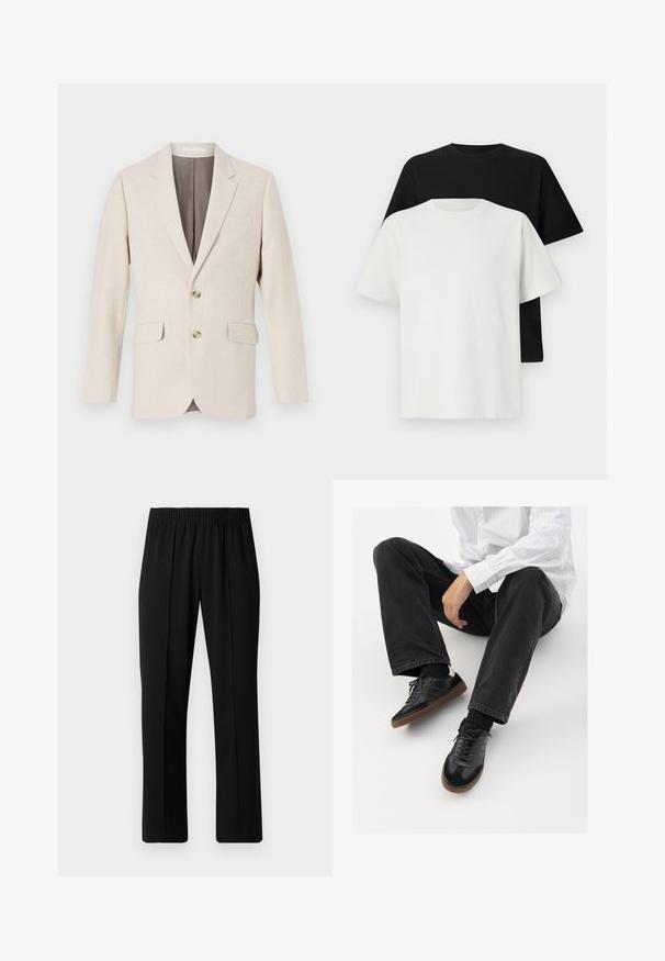 Light beige linen blazer with a notch lapel, two front pockets, and two buttons. Inside has a contrasting brown lining. Smooth texture.; Cotton t-shirt set featuring a black top and a white top, both with short sleeves, round neckline, and standard fit. Textured fabric.; Black, elastic-waist trousers with a straight-leg design, featuring a smooth texture and no visible patterns or hardware.; Black sneakers with a smooth and textured upper, featuring a rubber sole and dark laces. Paired with black jeans and a white striped shirt.