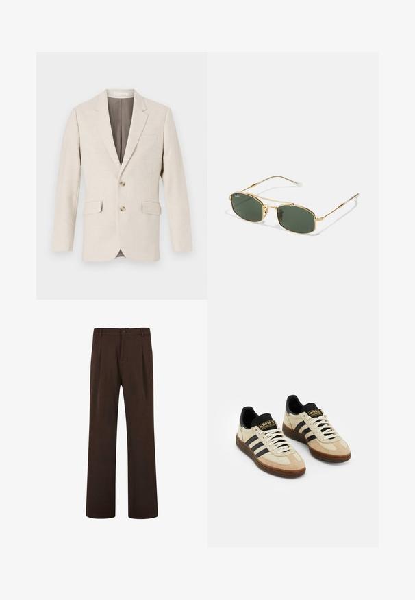 Svetlo béžový ľanový blejzer s klopovým golierom, dvoma prednými vreckami a dvoma gombíkmi. Vo vnútri má kontrastnú hnedú podšívku. Hladká textúra.; Béžová pletená polo košeľa s výstrihom do V, krátkymi rukávmi a zelenými pruhmi cez hruď. Obsahuje vyšívané logo v modrej farbe.; Hnedé nohavice so štýlom rovného strihu, s gombíkovým zapínaním a prešitím, vyrobené z hladkej látky. Bez viditeľných vreciek alebo vzorov.; Béžové semišové športové topánky s čiernymi koženými akcentmi, bielymi šnúrkami a hnedou gumovou podrážkou. Na každej strane sú tri čierne pruhy.; Zlaté slnečné okuliare s zelenými sklami, ktoré majú ostrý tvar a štíhle rámčeky. Dizajn zahŕňa tenký rám a decentné logo na sklách.