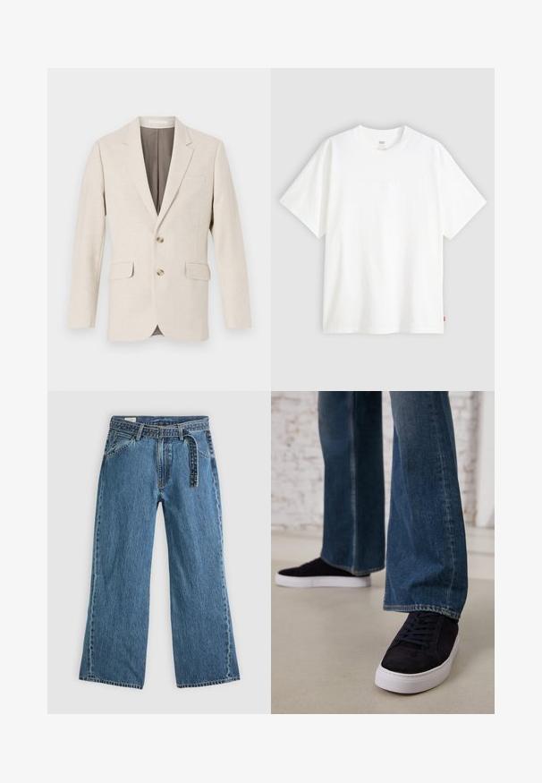 Blazer de linho bege claro com lapela em bico, dois bolsos frontais e dois botões. O interior possui um forro castanho contrastante. Textura suave.; T-shirt branca de manga curta, feita de algodão, com decote redondo. Apresenta um discreto detalhe de logotipo em relevo na frente e uma etiqueta vermelha na bainha.; Jeans de ganga azuis de perna larga com cinto preso, bolsos frontais e costura visível sobre um fundo claro.; Tênis de camurça azul escuro com sola de borracha branca e atacadores, combinados com jeans de perna larga em um tom de azul médio.