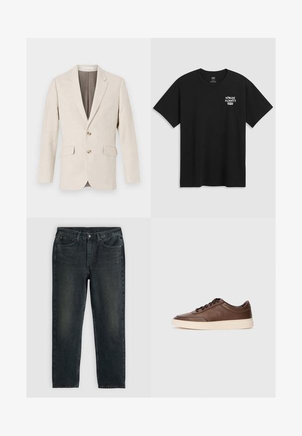 Lichtbeige linnen blazer met een notch lapel, twee voorkwabben en twee knopen. De binnenkant heeft een contrasterende bruine voering. Glad textuur.; Zwarte katoenen t-shirt met een borstprint waarop "HUISPLANTEN" staat in witte stijlvolle letters met daaronder "Levi's". Klassieke ronde hals.; Donkerblauwe denim jeans met een recht model, voorzien van vijf zakken, een ritssluiting en contrasterende stiksels. Subtiele vervaging op de stof.; Bruine leren sneakers met een gladde afwerking, ronde neus en een crèmekleurige rubberen zool. Voorzien van zwarte veters en subtiele branding aan de zijkant.