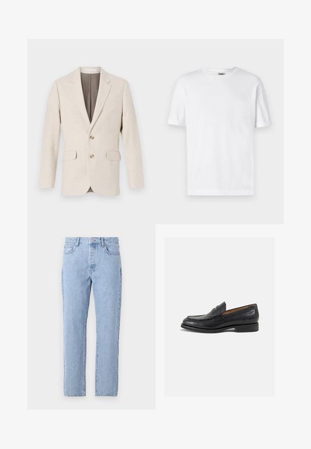 Blazer en lin beige clair avec un revers cranté, deux poches avant et deux boutons. L'intérieur est doublé d'un brun contrastant. Texture lisse.; T-shirt en coton blanc avec un col rond, des manches courtes et des revers roulés ; design sobre, texture douce et coupe droite.; Jean en denim bleu clair avec une coupe droite, cinq poches et une fermeture à bouton. Texture douce avec une finition vieillie classique.; Mocassins en cuir noir avec une finition lisse, bout rond et coutures décoratives sur la tige. Talon bas empilé et léger brillant.