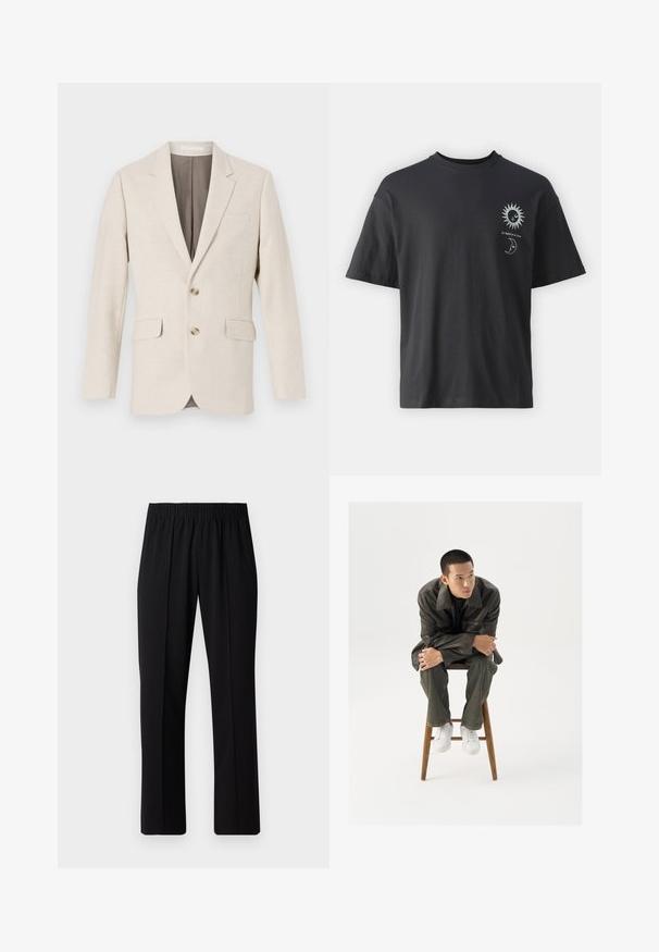 Lys beige lin blazer med notklipp, to frontlommer og to knapper. Innsiden har en kontrastfarge på brun foring. Glatt tekstur.; Svart bomullst-skjorte med korte ermer, rund hals og frontgrafikk av en sol og måne, ledsaget av teksten "Le Soleil et La Lune."; Svart, elastisk midjebukser med rett ben-design, med en glatt tekstur og uten synlige mønstre eller maskinvare.; Brun skinnjakke med bred krage, kombinert med mørkegrønne jeans og hvite sneakers. Modellen sitter på en trestol.