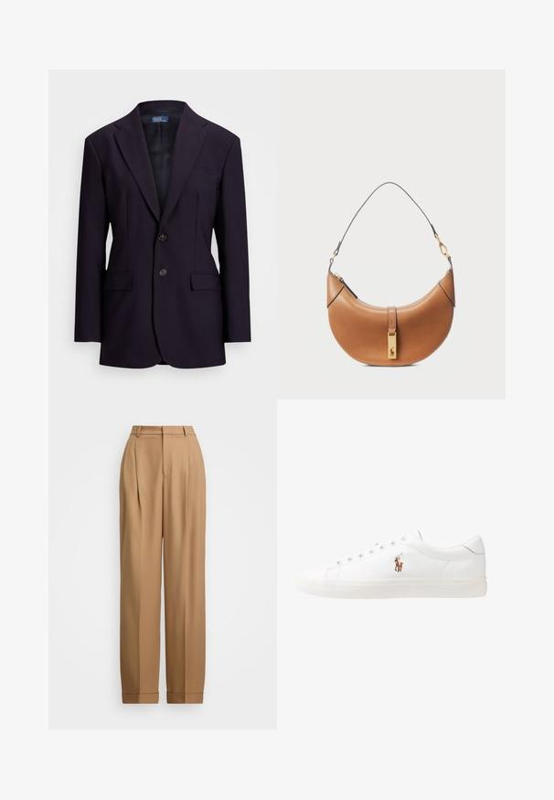 Tamsiai mėlynas bleizeris, pagamintas iš tekstūruotos medžiagos, su vieno mygtuko dizainu, įpjovinėmis apykaklėmis, dviem priekinėmis kišenėmis ir dviem mygtukais.; Balta marškiniai su išilginiais atvartais, ilgomis rankovėmis ir mažai mėlyna logotipu kairėje krūtinės pusėje. Pagaminti iš medvilnės audinio.; Smėlio spalvos pritaikyti kelnių su aukštu juosmeniu, raukšlėta priekyje, siaurėjančiomis kojomis ir pasuktomis rankogaliais. Lygus audinys su išpuoselėta tekstūra.; Baltos odinės sportbačiai, žemo profilio, su lygia tekstūra, apvalia nosimi, raištelių sistema priekyje ir mažyte siuvinėta logo šone.; Šviesiai rudos odos rankinė su kreiva forma, auksiniais aksesuarais ir plonu petiniu diržu. Yra užtrauktuko uždarymas ir logotipo detalė priekyje.