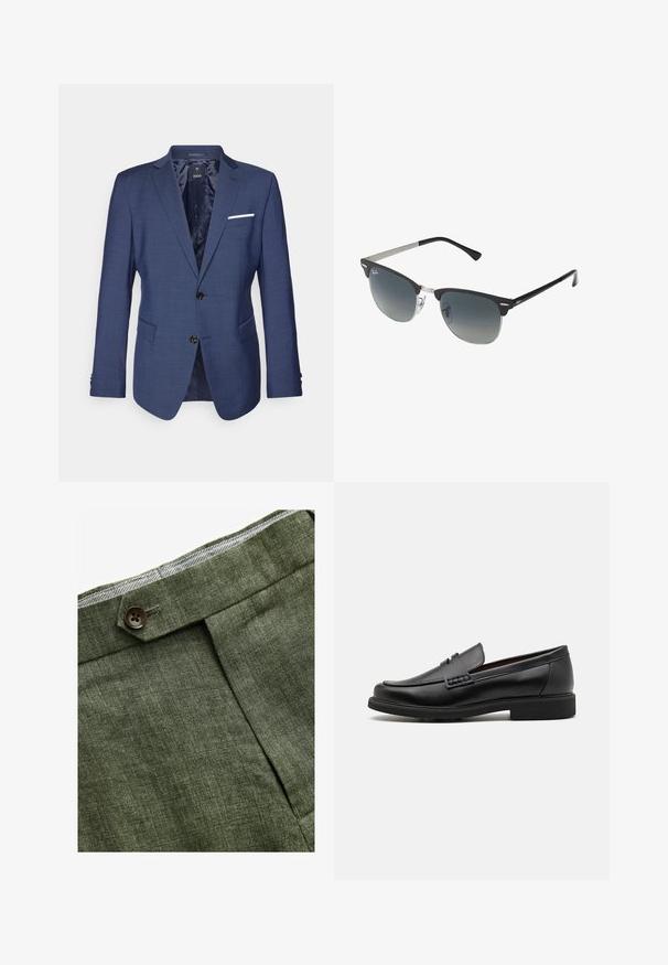 Námornícky modrý blazer so štruktúrovaným dizajnom, dvojitými gombíkmi, klopami a náprsníkom s bielym akcentom. Textúrovaný povrch látky.; Svetlomodrá košeľa s dlhým rukávom a gombíkmi, s klasickým golierom, rovnými okrajmi a jemnou textúrou. Obsahuje centrálny gombíkový zapínací systém.; Olivové ľanové nohavice s predným záhybom, so zapínaním na gombík a kontrastnou kockovanou podšívkou na pase.; Čierne syntetické poltopánky s výrazným prešitým predným detailom, vycpanou vnútornou stielkou a plochou gumovou podrážkou; elegantný dizajn s minimálnym zdobením.; Čierne a strieborné slnečné okuliare v tvare mačacích očí so stupňovými šošovkami a kovovými akcentmi na ráme. Plastové nožičky s šedými koncami.