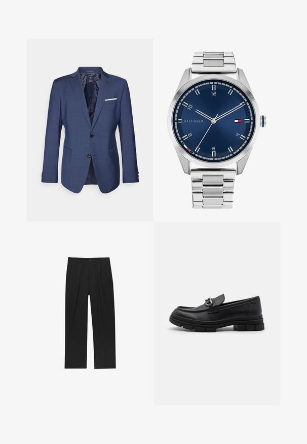 Mørkeblå blazer med struktureret design, to knapper, slagkrave og en brystlomme med en hvid detalje. Tekstil med tekstureret overflade.; Sæt af otte sorte bomulds t-shirts med korte ærmer og rund hals, der har et enkelt design og en blød tekstur.; Sorte bukser med lige ben, lavet af et glat stof. Har frontfolder og en enkelt knaplukning i taljen.; Sort læderloafer med rund tå, en dekorativ rem og hardware, samt en chunky tekstureret sål. Glat finish med subtile detaljer.; Sølvmetal ur med en børstet blå urskive, hvide timemarkører og en datovisning. Har et sammenkædet metalarmbånd og brandlogo.