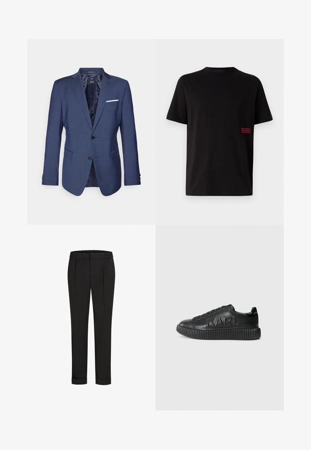 Laivo mėlynos spalvos švarkas su struktūrizuotu dizainu, dviem mygtukais, įstrižais atvartais ir krūtine kišeniu su baltu akcentu. Tekstūruoto audinio apdaila.; Juodas trumpomis rankovėmis marškinėliai, pagaminti iš medvilnės. Ant kairės pusės yra mažas raudonas atspausdintas logotipas. Klasikinis apvalus kaklo iškirpimas, tiesus siluetas.; Juodi kelnių su elastinga juosmena, tiesaus kirpimo ir sukurtomis rankovėmis. Pagaminti iš lygaus, audinio be raštų.; Juoda sneaker'iai, pagaminti iš lygios odos, su storu rakteliais dekoruotu padu ir iškilmingu prekės ženklu. Klasikinis batų raištelių modelis su apvaliais akių skylutėmis.