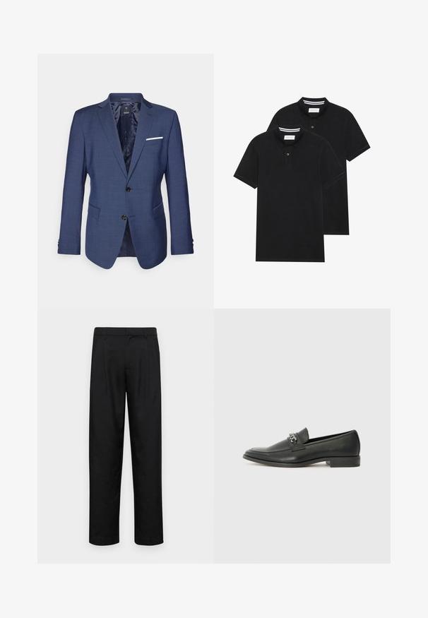 Blazer blu navy con design strutturato, due bottoni, revers a punta e taschino con un accento bianco. Finitura in tessuto texturizzato.; Due magliette polo nere, con maniche corte, in cotone, con colletto classico, pattina a due bottoni e dettagli a righe bianche all'interno del colletto.; Pantaloni neri realizzati in tessuto liscio, caratterizzati da un taglio dritto, due pieghe frontali e una vita standard con passanti per la cintura.; Mocassino in pelle nera con finitura liscia, caratterizzato da un design cucito e da un accento decorativo in catena metallica sul vamp. Tacco piatto.