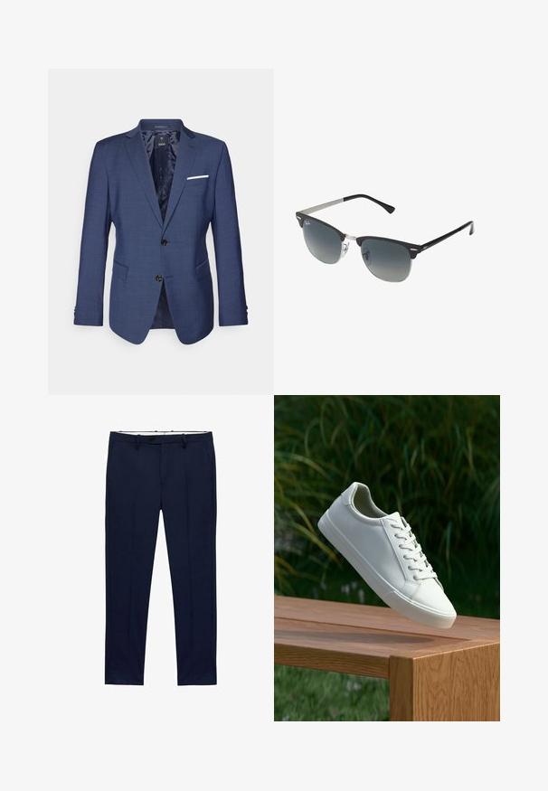 Mornarplavi sako sa strukturiranim dizajnom, dva dugmeta, urezane reveri i džepom na grudima s bijelim akcentom. Teksturirana završna obrada tkanine.; Bijele majice kratkih rukava složene, napravljene od pamuka. Imaju okrugli izrez i ravni kroj. Tkanina izgleda glatko bez uzoraka.; Tamne plave hlače uskog kroja s uzorkom pruga. Imaju zatvarač, petlje za remen i prednje džepove. Tekstura tkanine je glatka.; Bijele tenisice s vezicama lebde iznad drvenih klupa uz pozadinu zelenog lišća, prikazujući dizajn i teksturu obuće.; Crne i srebrne sunčane naočale s oblikom mačjih očiju, lećama s gradijentom i metalnim detaljima na okviru. Plastične ručke s sivim vrhovima.