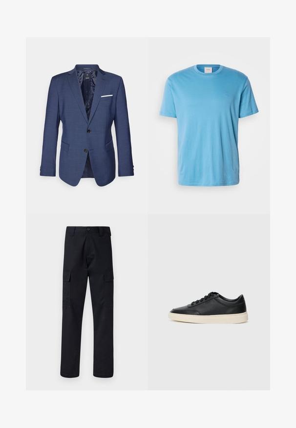 Laivo mėlynos spalvos švarkas su struktūrizuotu dizainu, dviem mygtukais, įstrižais atvartais ir krūtine kišeniu su baltu akcentu. Tekstūruoto audinio apdaila.; Šviesiai mėlynas trumpanosis medvilninis marškinėliai su apvaliu kaklu ir mažuoju išsiuvinėtu logotipu ant krūtinės. Lygus tekstūras, įprastas fasonas.; Juodi cargo kelnės, pagamintos iš tvirto audinio, su tiesiu kirpimu, dviem šoninėmis kišenėmis ir mygtukiniu užsegimu juosmenyje.; Juoda žema viršutinė odinė sportbačiai su juodais raišteliais ir kreminiu padu, pateikti šoniniame profilyje ant baltos fono.