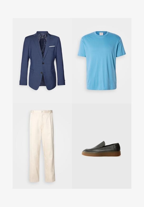 Námornícky modrý blazer so štruktúrovaným dizajnom, dvojitými gombíkmi, klopami a náprsníkom s bielym akcentom. Textúrovaný povrch látky.; Svetlomodré tričko s krátkym rukávom z bavlny s okrúhlym výstrihom a malým vyšívaným logom na hrudi. Hladká textúra, bežný strih.; Béžové bavlnené nohavice so strihom rovného nohu, s gombíkovým zapínaním a záhybmi vpredu pre pridanie detailu.; Calvin Klein HYBRID CUP - Našuchovačky - after dark