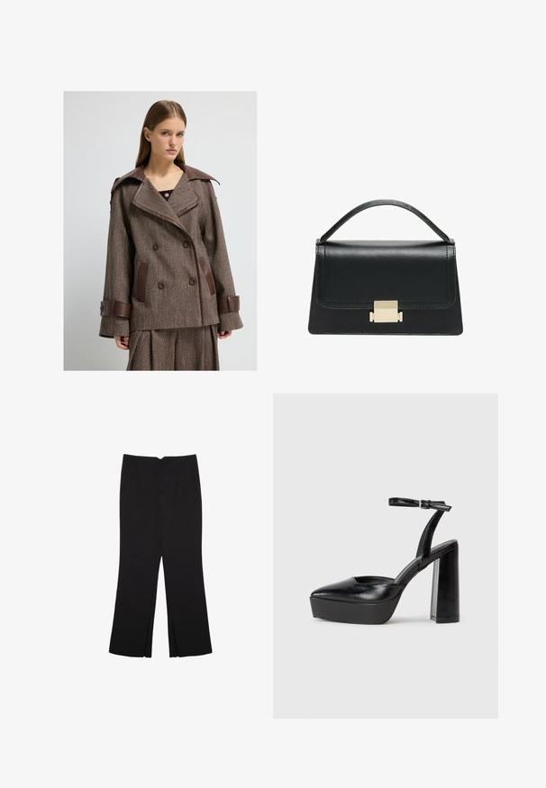 Russinen tweed-takki ruskeilla nahkaaksentilla, kaksirivinen malli, leveä kaulus ja suuret napit. Sisältää kaksi sivutaskua.; Mustat pitkätuuliseset neulepaidat, joissa on toppaukset harteilla sekä ribbaus hihansuissa ja helmassa, esitetty valkoista taustaa vasten.; Mustat housut suoralinjaisella leikkauksella, joissa on etutaskut ja sivurei'ät helman alla. Valmistettu pehmeästä ja sileästä kankaasta. Sopii eri tilaisuuksiin.; Mustat korkeat platform-kengät, joissa on terävä kärki ja säädettävä nilkkaremmi. Valmistettu sileästä nahasta ja varustettu paksulla lohkokorkeudella.; Musta nahkakäsilaukku, jossa on jämäkkä muotoilu, yläkahva ja kultainen metallisolki edessä. Sujuva pinta, minimaalinen ompelu.