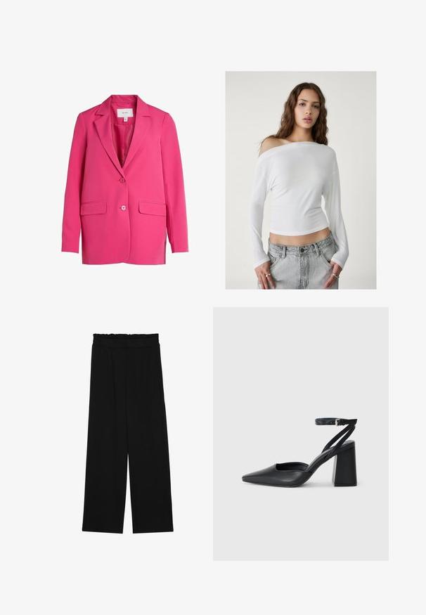 VILA VIKAMMA NOOS - Blazer - pink yarrow; Stradivarius ASYMMETRICAL - Blus - white; Svarta vida byxor med en volang vid midjan, med två sidofickor och ett slätt, lätt tyg. Inga synliga mönster eller detaljer.; Svart läderpumps med spetsig tå, ankelrem och kraftig klack. Slät textur, stilren design och minimalistisk estetik.
