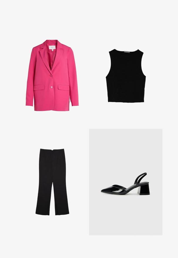 VILA VIKAMMA NOOS - Suknjič - pink yarrow; Črn brez rokavov crop top, izdelan iz gladkega materiala, z okroglim izrezom in čistim, preprostim dizajnom brez vzorcev ali dodatkov.; Črne hlače ravnega kroja z naglavnimi žepi in stranskimi razporki na robu. Narejene iz mehke, gladke tkanine. Primerne za različne priložnosti.; Črne lakirane slingback pete s koničastim nosom in geometrijsko blokasto peto. Imajo eleganten, minimalističen dizajn in gladko teksturo.