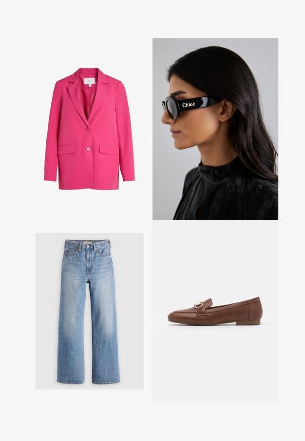 VILA VIKAMMA NOOS - Blézer - pink yarrow; Fehér trikó V-nyakkivágással, finom csipke díszítéssel, vékony, állítható pántokkal és puha, sima anyagból.; Világoskék farmer, széles szárú nadrág magas derékkal, kopott területekkel, öt zsebbel és kontrasztos varrással. Klasszikus gombos és cipzáras záródás.; Barna bőr loaferek lapos talppal, varrott dizájnnal és egy arany színű csattal a vádlin átnyúló pánton.; Fekete napszemüveg kerek lencsékkel és merész, szögletes kerettel, oldalán fehér "Chloé" felirattal. Simább, fényes felület.; Aranyszínű, téglalap alakú karóra fehér számlappal, ezüstszínű óránymarkerekkel és strapabíró fém láncszíjjal. Vízálló funkcióval rendelkezik.