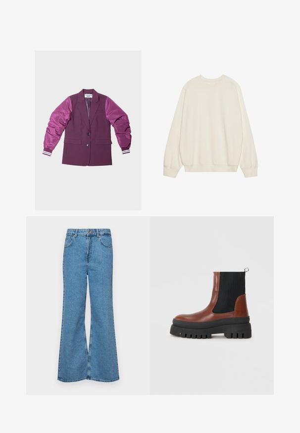 Tamsiai raudonas švarkas su blizgiomis, pūkuotomis rankovėmis šviesesnės spalvos; turi du mygtukus, šonines kišenes ir dryžuotus akcentus rankogaliuose.; Šviesus béžinis sportinis megztinis, pagamintas iš minkštos medvilnės mišinio. Turi ilgas rankoves, apvalų iškirpimą ir šaltesnės audinio apykakles bei hemą, su atsipalaidavusiu siluetu.; Šviesiai mėlynos flared džinsai, pagaminti iš džinsinio audinio, su aukštu liemeniu, penkiomis kišenėmis ir vienu mygtuko užsegimu. Minkštas paviršius su išblukusiu efektu.; Ruda odinė kulkšnės batai su juodomis elastinėmis juostelėmis, masyvi juoda guma padas ir užtrauktukas gale, kad būtų lengviau avėti.