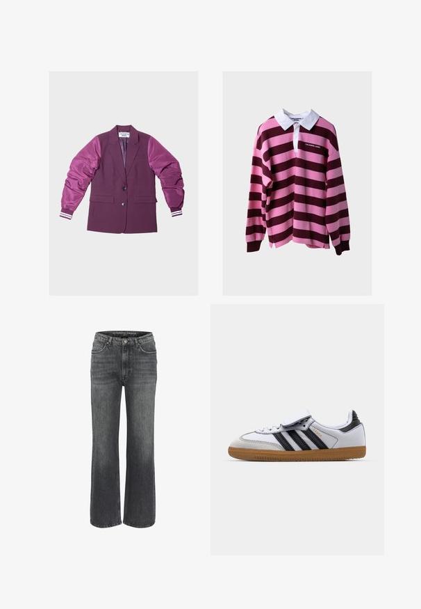 Bordeaux blazer met glanzende, puffy mouwen in een lichtere tint; voorzien van twee knopen, zijzakken en gestreepte accenten op de mouwmanchetten.; Langarm rugbyshirt met brede roze en donkerburgundy horizontale strepen, witte kraag en "COLOURFUL REBEL" logo op de borst.; Wijd uitgesneden jeans in donkergrijze denim, met een klassieke vijf-pocketontwerp, gestikte details en een knoopsluiting in de taille.; Witte leren sneaker met zwarte strepen en grijze accenten, met een afgeronde neus en een gumrubberen buitenzool. Klittenbandsluiting en veters.