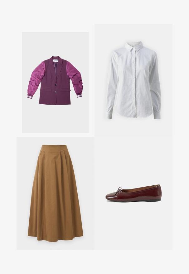 Maroon blazer with glossy, puffy sleeves in a lighter shade; features two buttons, side pockets, and striped accents on sleeve cuffs.; White button-up shirt made of smooth cotton, featuring a classic collar, long sleeves, and a curved hem. Buttons are small and white.; Brown cotton A-line skirt with a high waist, featuring pleats down the front and a smooth texture. Hem finishes are clean and simple.; Burgundy patent leather ballet flat with a rounded toe, small bow accent at the front, and a low, black rubber sole. Smooth texture.