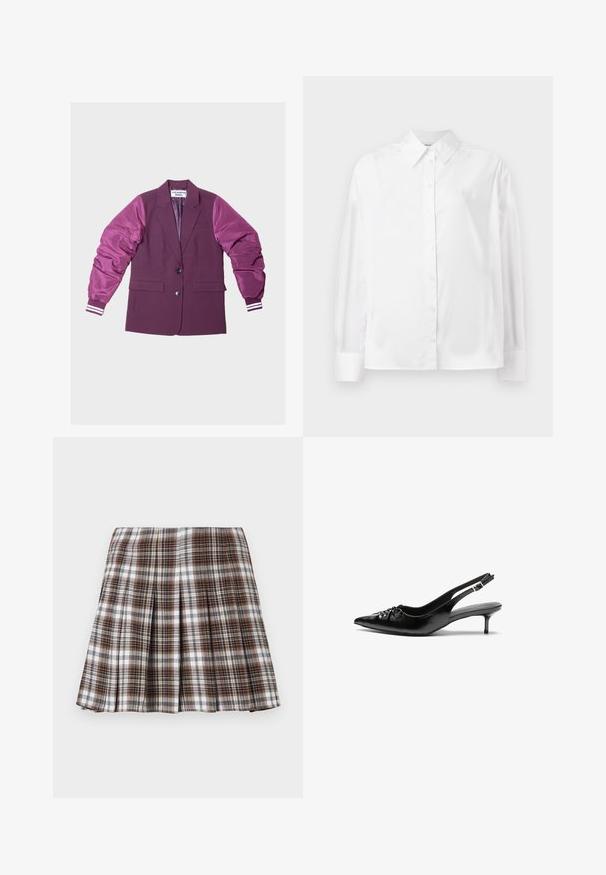 Karmīnsarkans žakets ar spīdīgām, pūkainām piedurknēm gaišākā nokrāsā; tam ir divi pogas, sānu kabatas un svītraini akcenti piedurkņu galiem.; Balta, garām piedurknēm, ar pogām aizpogājama krekla no gludas kokvilnas šķiedras. Tam ir klasiskā apkakle, priekšējā aizpogājamā daļa un noapaļotas aproces.; Brūns un balts fomēts plecu svārki ar strukturētu dizainu un skaidru tekstūru, ar augstu jostasvietu un vairākiem vertikāliem krokām.; Melni ādas sandales ar norādītu pirkstu, mazu kaķa papēdi un dekoratīvu mezglu detaļu priekšā. Gluda tekstūra visā virsmā.