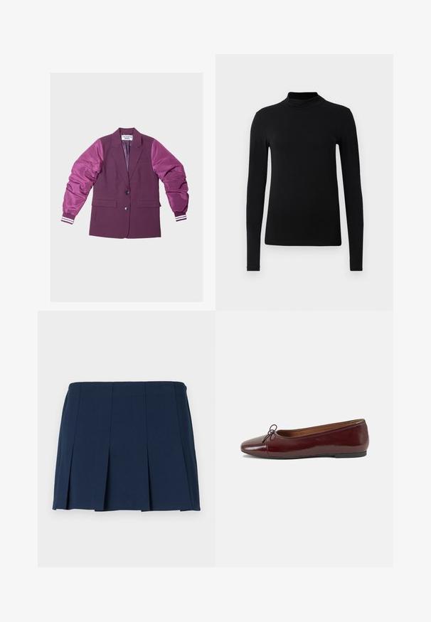 Burgundi bleiser, mille läikivate ja paksude varrukatega heledamas toonis; kaks nuppu, küljetaskud ja triibulised aktsendid varrukaääredel.; Must nägupesu ja pika varrukaga särk, mis on valmistatud siledast kangast; sobiv disain kõrge krae ja nähtamatute õmblusteta. Lihtne, ühetooniline värv.; Tumesinine plisseeritud mini-seelik sirge vöökohtaga, valmistatud siledast kangast. Omab vertikaalset õmblust plisseeringute ääres.; Burgundi patendnahk kingad balletitüüpi, ümmarguse ninaosa, ees väike paelaaktsent ja madal must kummist tald. Sile tekstuur.