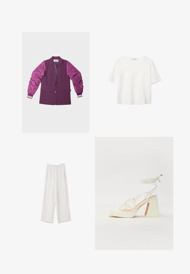 Bordový blejzer s lesklými, nadýchanými rukávmi v svetlejšom odtieni; má dva gombíky, bočné vrecká a pruhované detaily na manžetách rukávov.; Biela krátkopsová tričko vyrobené z bavlny. Má okrúhly výstrih a voľný strih. Hladká textúra bez viditeľných vzorov alebo akcentov.; Biele široké nohavice vyrobené z ľahkej tkaniny. Obsahujú elastický pás so sťahovacou šnúrkou a bočné vrecká. Hladká textúra.; Biele sandále na vysokom opätku s hrubým podpätkom, s pruhovaným dizajnom a viazaním na členku. Hladký povrch s platformou vpredu pre zvýšenú výšku.