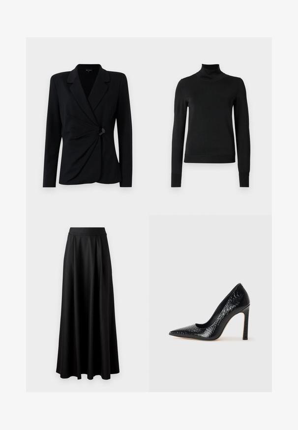 Čierny priliehavý blazer s dlhými rukávmi, so zárezovým golierom, draped dizajnom a jedným čiernym gombíkom na zapínanie. Vyrobený z hladkej látky.; Čierny dlhý rukáv rolák s rebrovanými manžetami a lemom, zobrazený na čistej bielej pozadí.; Čierna sukňa až po zem s hladkou textúrou, širokým pásom a plisovaným dizajnom, bez viditeľných vzorov alebo ozdôb.; Čierna lodička s špicatou špičkou a lakovanou textúrou krokodíla, s elegantným dizajnom, vysokým stiletto podpätkom a hladkým čiernym interiérom.