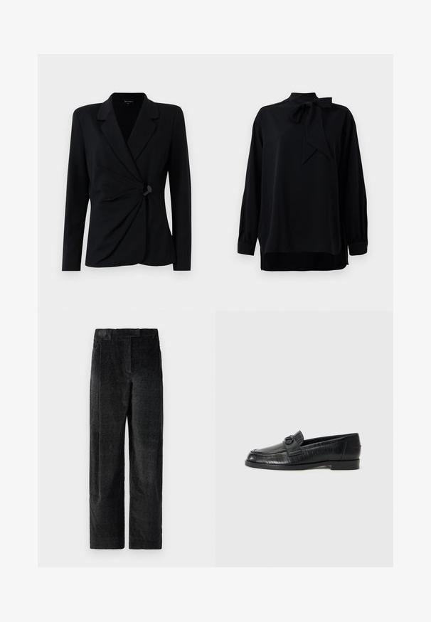 Mustmust mustrihaga, millel on pikad varrukad, notched krae, riputatav esiosa kujundus ja üks must nööbikäänd. Valmistatud siledast kangast.; Mustaline särk kõrge krae ja lipsu detailiga. Pikad varrukad mansettidega. Valmistatud siledast kangast, millel on lõdva istuvus.; Mustad, tekstureeritud laiad püksid mustas värvuses, millel on väljendunud kudumine, eessuud ja lame vöökoht. Klassislik disain mitmekesiseks kasutamiseks.; Mustad mustad nahast loafersid siledast pealsest, kerge embosseeritud joontega mustriga ja dekoratiivse sukkpüksiga vampi osas. Madal, plokk-kand.