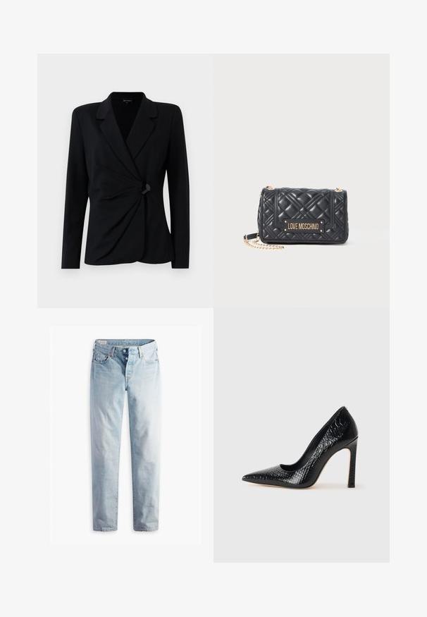 Juodas, pritaikytas švarkas su ilgomis rankovėmis, turintis nupjautą apykaklę, krentančio priekinio dizaino ir vieną juodą mygtuko užsegimą. Pagamintas iš lygaus audinio.; Juodas ilgomis rankovėmis bodis su giliu V formos iškirpimu, sluoksniuota volanų dizainu per krūtinę ir platėjančiomis rankovėmis. Lygus, tamprus audinys.; Šviesiai mėlyni džinsai su tiesia kojų forma, dviem priekinėmis kišenėmis ir dviem užpakalinėmis kišenėmis. Su dviem sagų užtrauktuku ir subtiliu siuvinėjimu.; Juoda smailiakulnė aukšto kulno bateliai su krokodilo odos tekstūra, pasižymintys elegantišku dizainu, aukštu stiletu kulnu ir lygia juoda vidine dalimi.; Juoda siūta Love Moschino rankinė su auksine grandine ir auksiniu prekės ženklo plakatu ant priekinių durelių.
