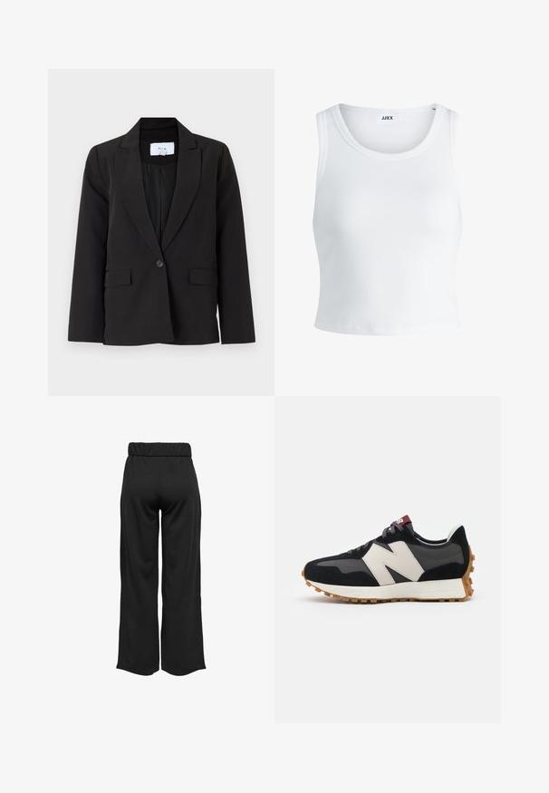 Must mustriga ülikond, millel on krae, ühe nupuga kinnitamine ja kaks eesmist taskut. Valmistatud siledast kangast, millel on struktureeritud lõige ja veidi pikemad varrukad.; Valge ribakujuline tank top, millel on ümmargune kaelus, varrukateta disain ja lühike pikkus. Silt ütleb "JJXX." Sile kangast tekstuur.; Mustad, laiad püksid elastse vöökohtaga, valmistatud siledast kangast. Omab lihtsat disaini, ilma taskute või nähtavate õmbluste detailideta.; Mustmust ja halli nubukist tennisajal on suur kreemjas "N" logo, lilla paelad ja tekstureeritud kummist välispohja.