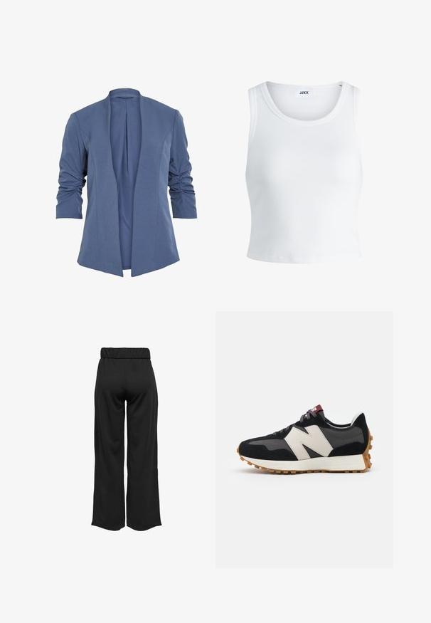 Blue, lightweight blazer with an open front, feature ruched sleeves, a subtle sheen, and a smooth texture. Tailored fit with a modern shape.; White ribbed tank top featuring a round neckline, sleeveless design, and a cropped length. Label reads "JJXX." Smooth fabric texture.; Black, wide-leg pants with an elastic waistband, made from smooth fabric. Features a clean design with no pockets or visible stitching details.; Black and gray suede sneaker with a large cream-colored "N" logo, purple laces, and a textured gum rubber outsole.