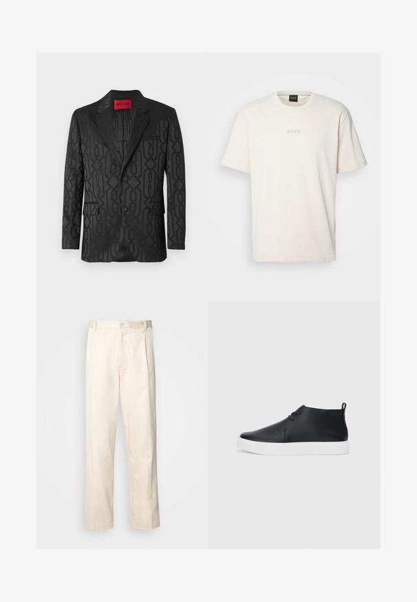 Melns piegriezts žakete ar ģeometrisku tumši pelēku rakstu, divām pogām, atloku ar izgriezumu un sarkanu "HUGO" etiķeti apkakles iekšpusē.; BOSS TEE - Pamata T-krekls - open white; Bežā krāsā auduma bikses ar taisnu kāju griezumu, pievienotām pogu aizdares un priekšējiem krokām papildu detaļām.; Melnas ādas augstas tenisa kurpes ar gludu apdari, baltu gumijas zoli un vienkāršu šņorēšanas dizainu. Aizmugurē ir vilkšanas cilpa.