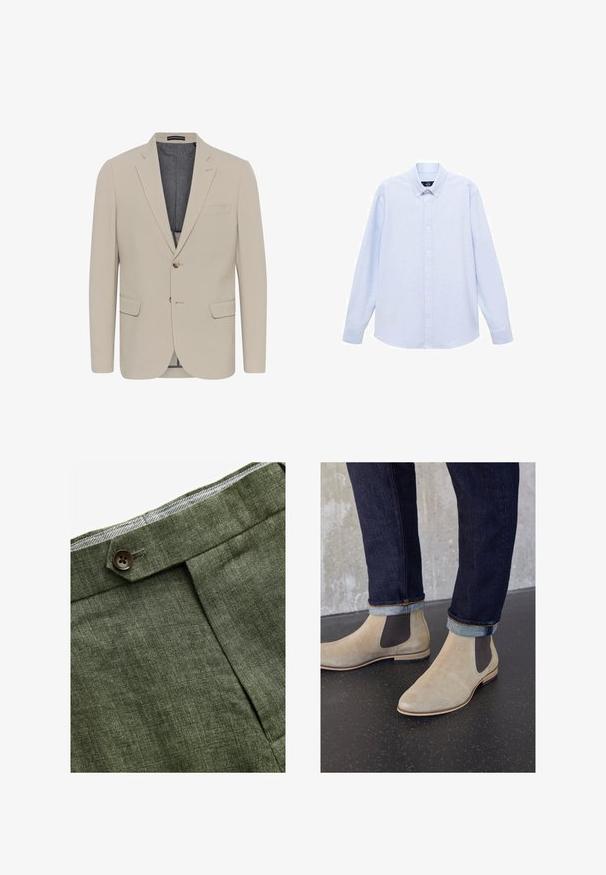 Bež blazer s gladko teksturo, dvema sprednjima žepoma, enojnim zapenjanjem in zapenjanjem na en gumb; vsebuje kontrastno notranjo podlogo.; Svetlo modra srajca z dolgimi rokavi in gumbi, klasičnega ovratnika, ravnega roba in subtilne teksture. Ima srednje gumbno zapiranje.; Olivnozeleni laneni hlače s prednjim plisem, ki vključujejo gumb za zapiranje in kontrastno karirasto oblogo na pasu.; Zign LEATHER - Klasični gležnjarji - sand