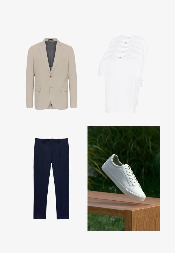Bež sako s glatkom teksturom, dva prednja džepa, jednostruko kopčanje i zatvaranje na jedno dugme; s kontrastnom unutarnjom podlogom.; Bijele majice kratkih rukava složene, napravljene od pamuka. Imaju okrugli izrez i ravni kroj. Tkanina izgleda glatko bez uzoraka.; Tamne plave hlače uskog kroja s uzorkom pruga. Imaju zatvarač, petlje za remen i prednje džepove. Tekstura tkanine je glatka.; Bijele tenisice s vezicama lebde iznad drvenih klupa uz pozadinu zelenog lišća, prikazujući dizajn i teksturu obuće.