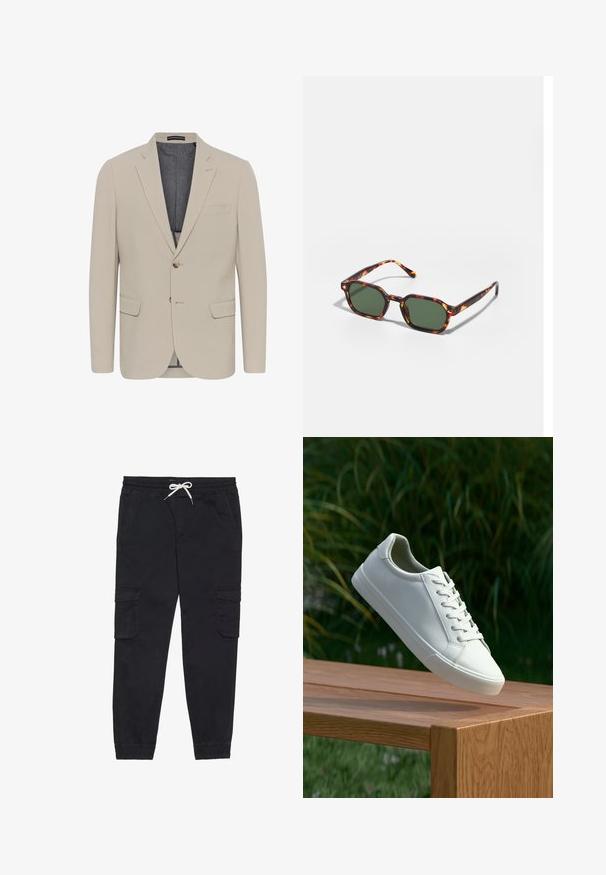 Beżowa marynarka o gładkiej fakturze, z dwoma przednimi kieszeniami, jednorzędowym fasonem i zapięciem na jeden guzik; ma kontrastową podszewkę.; Biała koszulka z krótkim rękawem, wykonana z bawełny, z okrągłym dekoltem i gładką fakturą, zaprojektowana do noszenia na co dzień.; Czarne spodnie cargo wykonane z bawełny, z elastycznym pasem na sznurek, bocznymi kieszeniami oraz zwężanymi nogawkami.; Białe sneakersy sznurowane unoszące się nad drewnianą ławką z zielonymi liśćmi w tle, ukazujące wzór i teksturę buta.; Okulary przeciwsłoneczne w kolorze żółwim z zielonymi soczewkami, o ośmiokątnym kształcie i cienkich, zakrzywionych ramionach. Materiał ma błyszczące wykończenie.